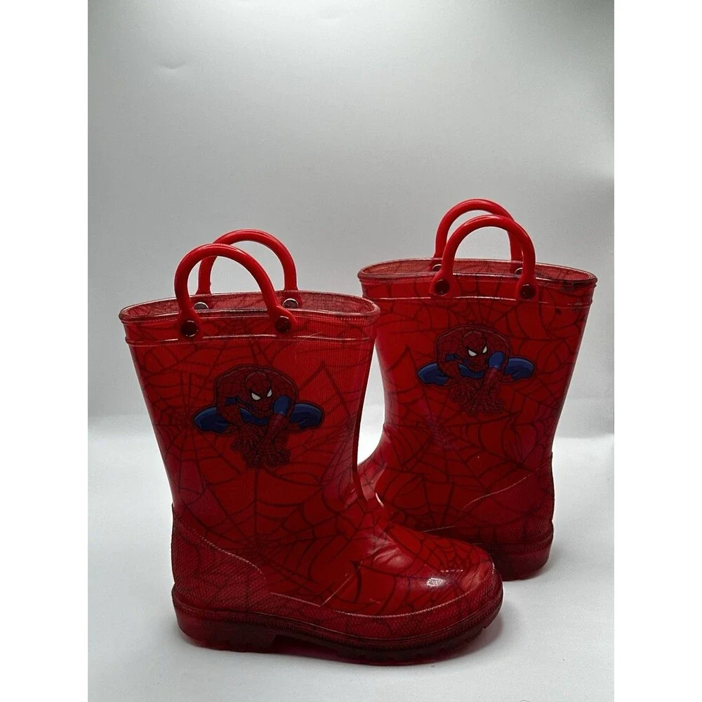 Spider-Man Toddler Size 8 Red Rain Boots Marvel Spiderman Handles Unisex Lot